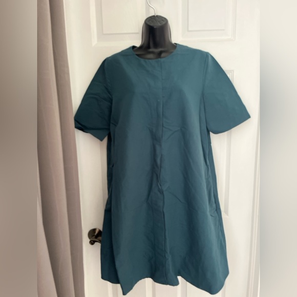 COS Cotton Linen A-Line Shirt Dress Mini Teal Blue Size 8 Minimalist Classic - Picture 2 of 15